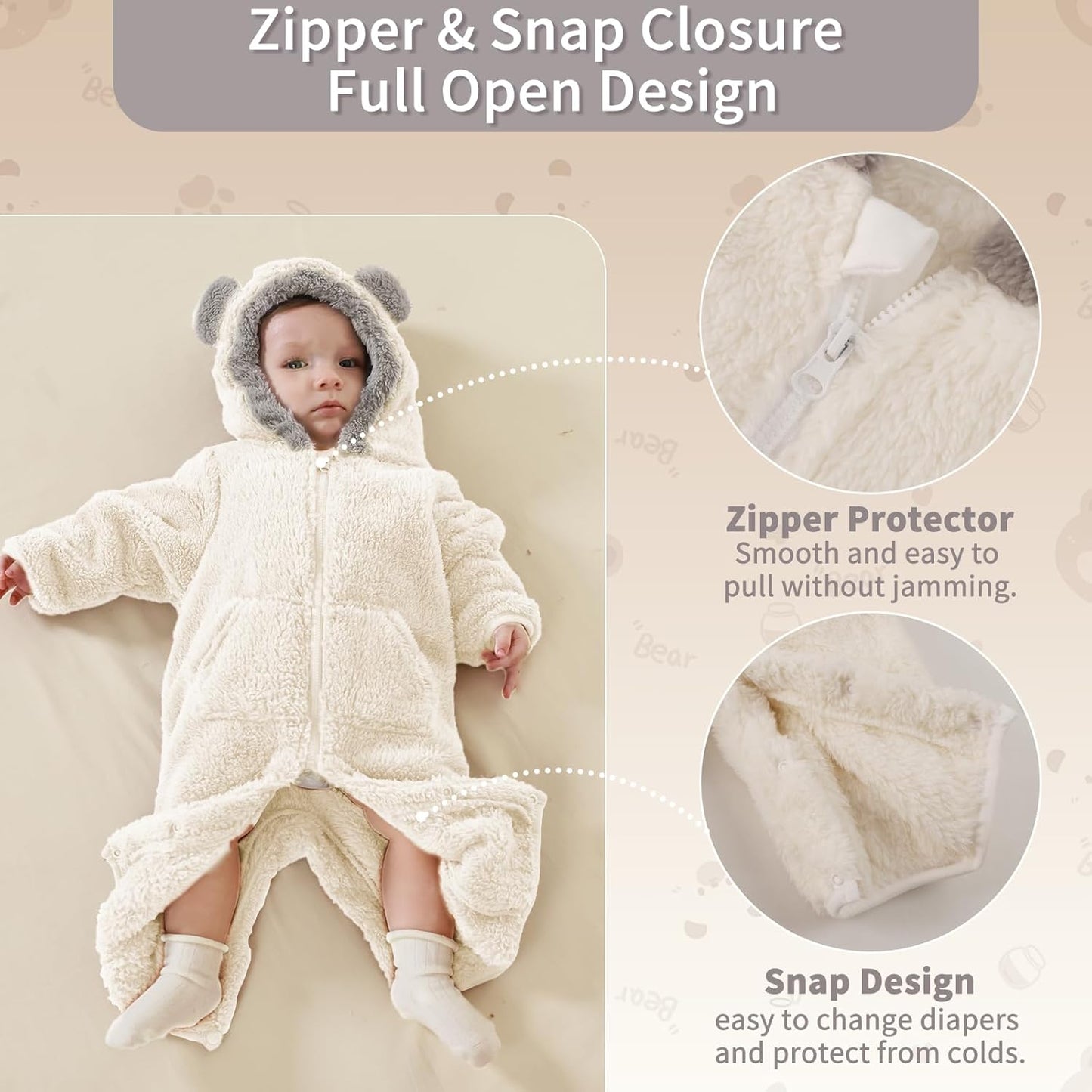 Traje Blanco de Oso para Bebé Recién Nacido con Mitones Plegables y Patucos para Niñas y Niños Ropa de Invierno de Vellón con Capucha Mameluco Traje de Nieve