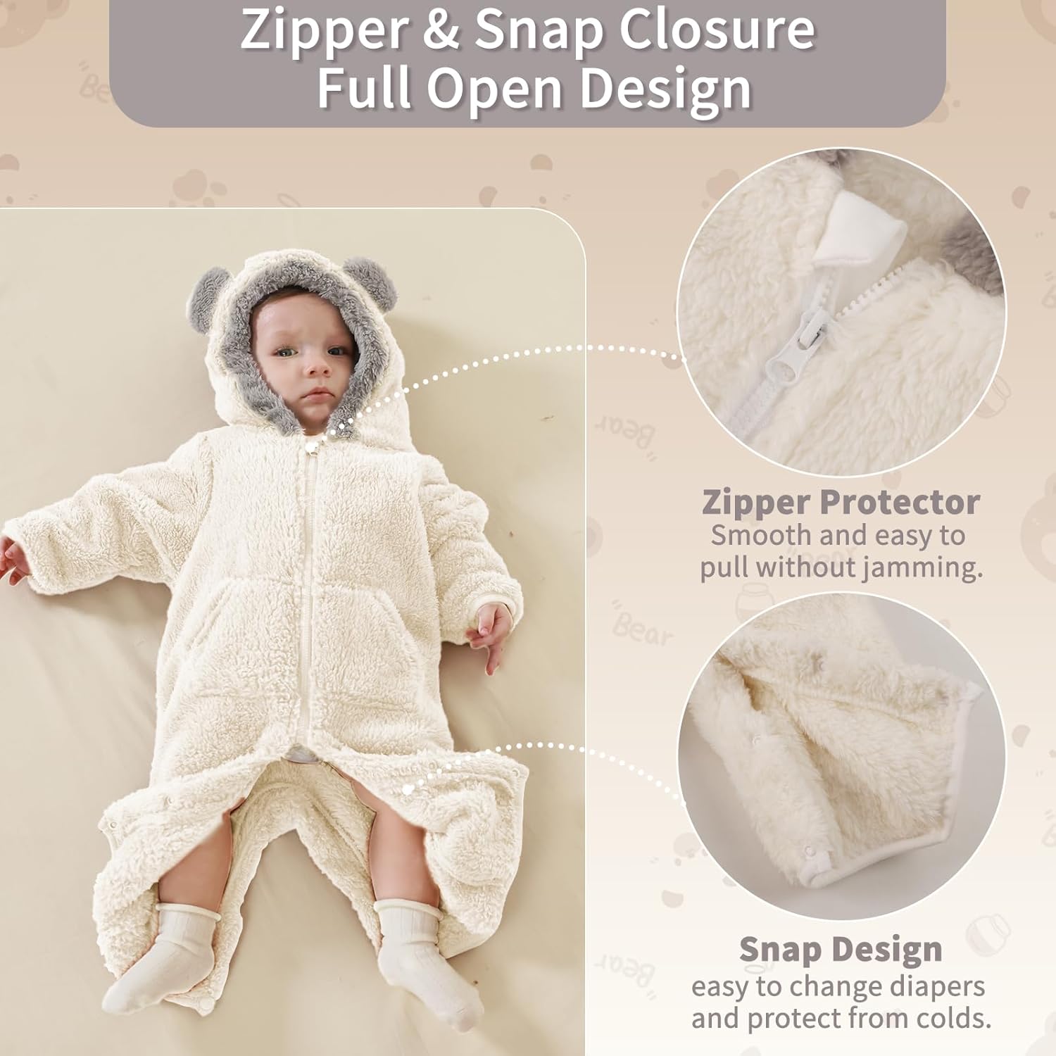 Traje Blanco de Oso para Bebé Recién Nacido con Mitones Plegables y Patucos para Niñas y Niños Ropa de Invierno de Vellón con Capucha Mameluco Traje de Nieve