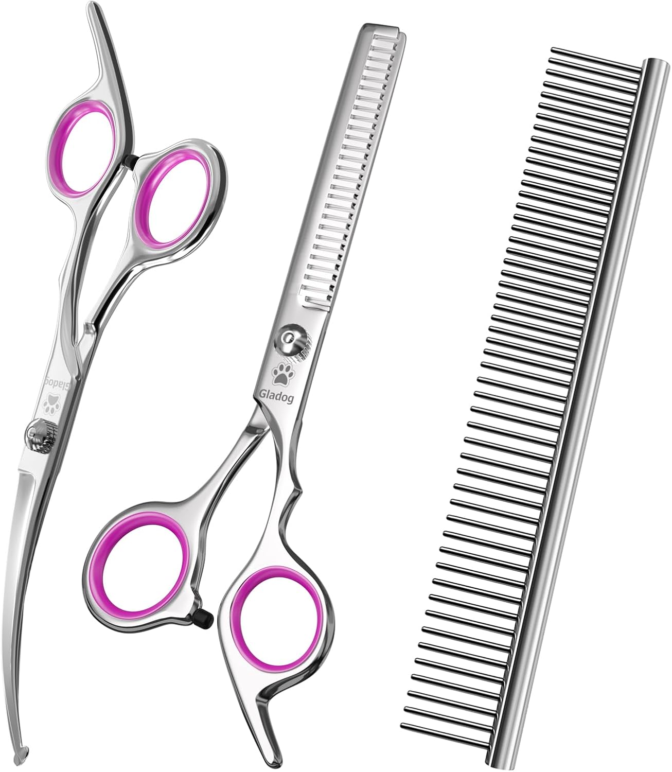 GLADOG Kit Tijeras de Grooming 5 en 1 para Perros y Gatos | Tijeras de Acero Inoxidable con Puntas Redondeadas + Peine y Estuche