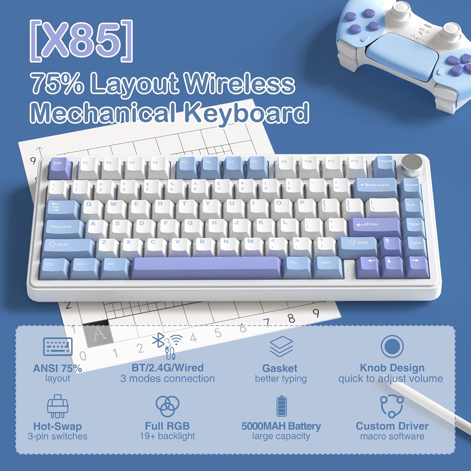 Teclado mecánico inalámbrico para juegos con perilla intercambiable | ATTACK SHARK X85 | Color: Blanco