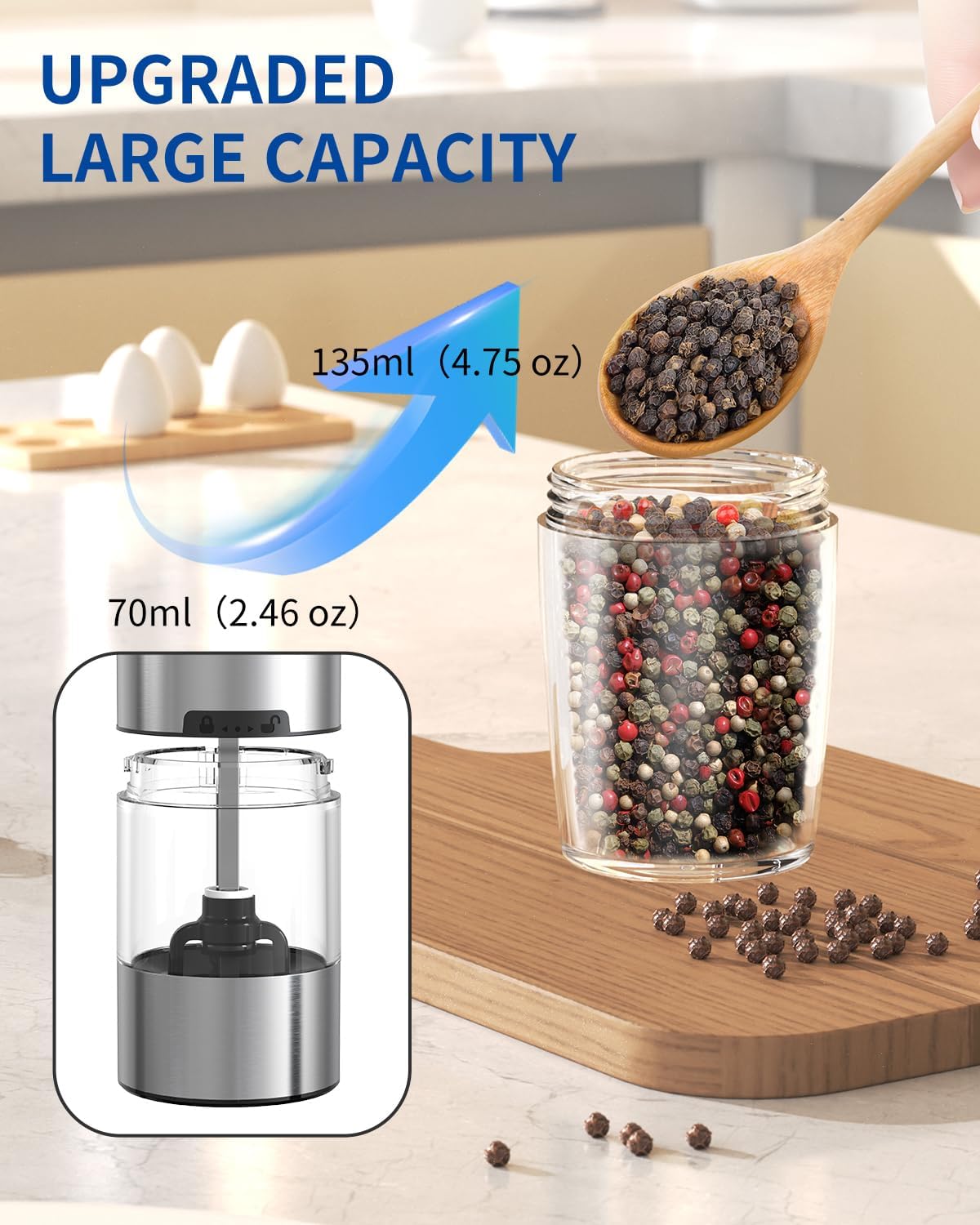 Set de Molinillos Eléctricos de Sal y Pimienta Automáticos con Luz LED, Ajuste de Grosor y Gran Capacidad – Operación por Gravedad, Cocina y BBQ