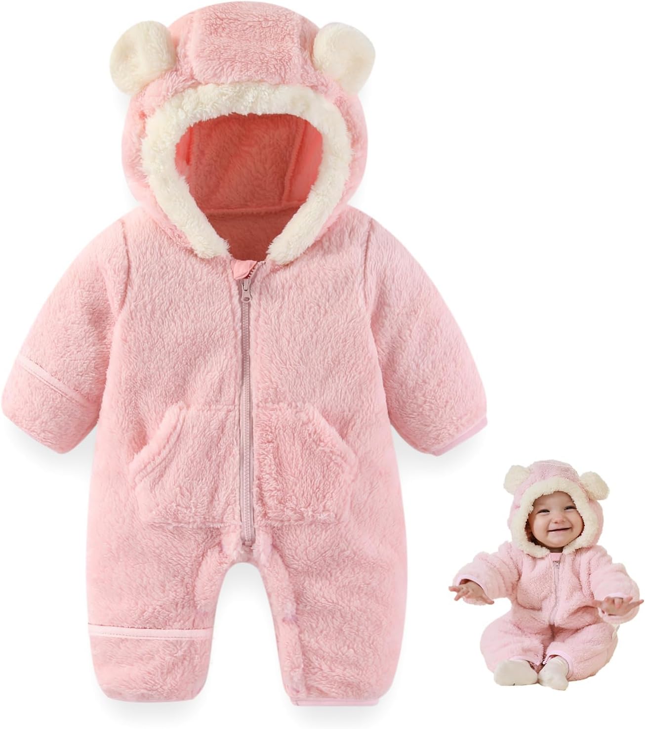 Traje Rosado de Oso para Bebé Recién Nacido con Mitones Plegables y Patucos para Niñas y Niños Ropa de Invierno de Vellón con Capucha Mameluco Traje de Nieve