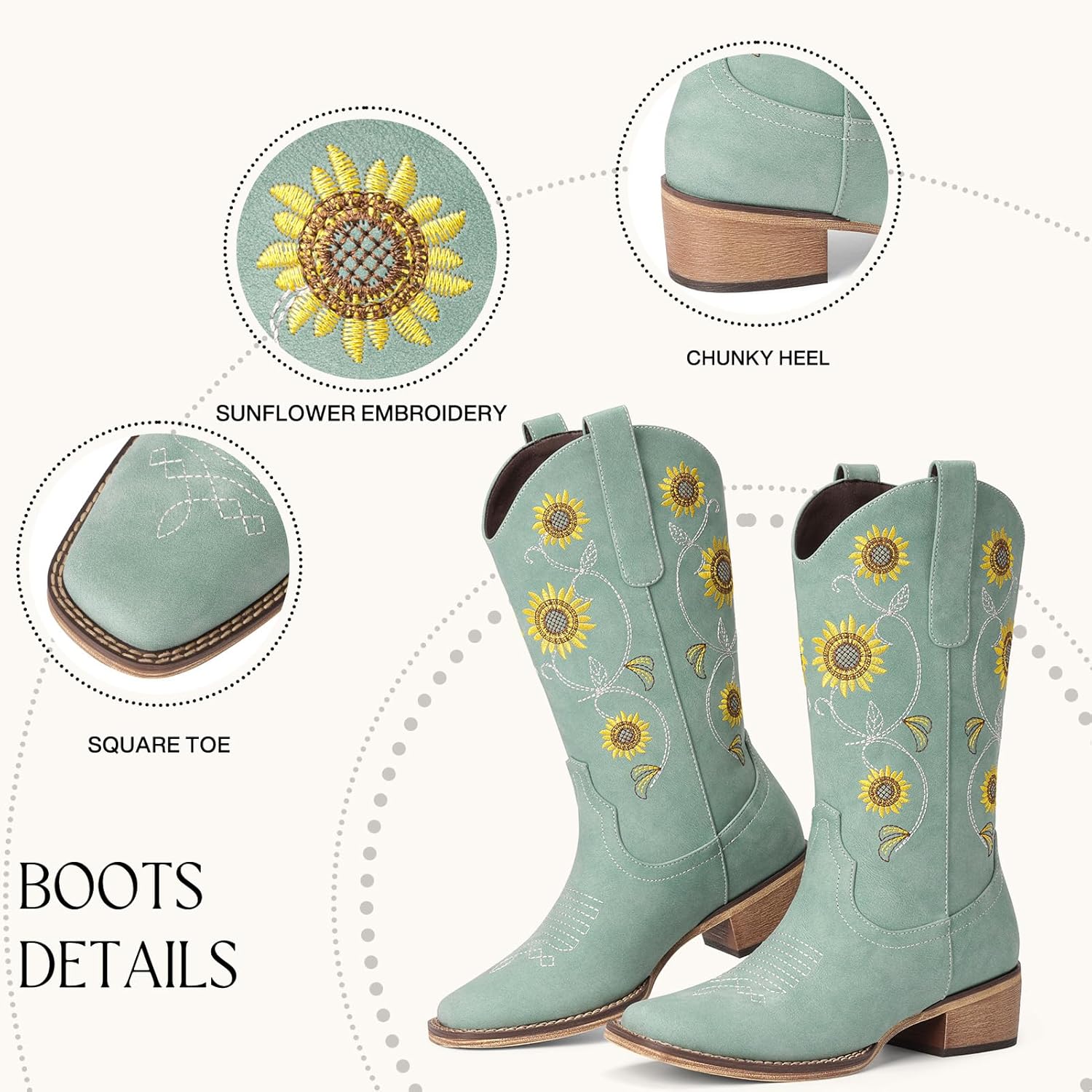 Botas vaqueras de girasol | Media pantorrilla | Bordado floral | Punta cuadrada cosida | Color: Verde