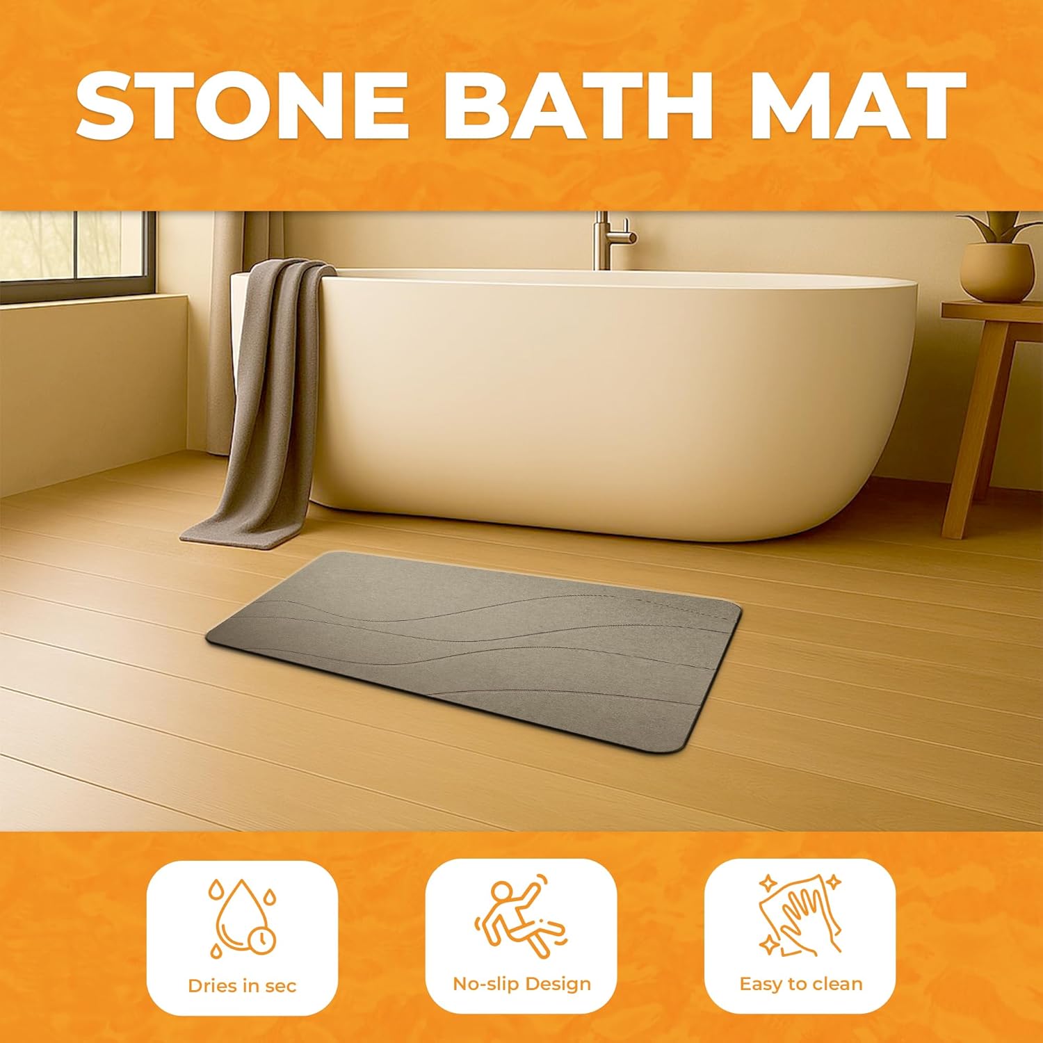 Alfombra mineral de secado rápido para baño y duchas | Antideslizante | Súper absorbente | Secado instantáneo (24 x 16 pulgadas, granito)