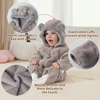 Traje de Oso para Bebé Recién Nacido con Mitones Plegables y Patucos para Niñas y Niños Ropa de Invierno de Vellón con Capucha Mameluco Traje de Nieve