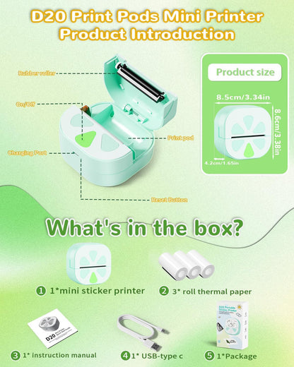 Mini impresora de calcomanías | Térmica | Bluetooth | Portátil | Incluye 3 rollos de papel 