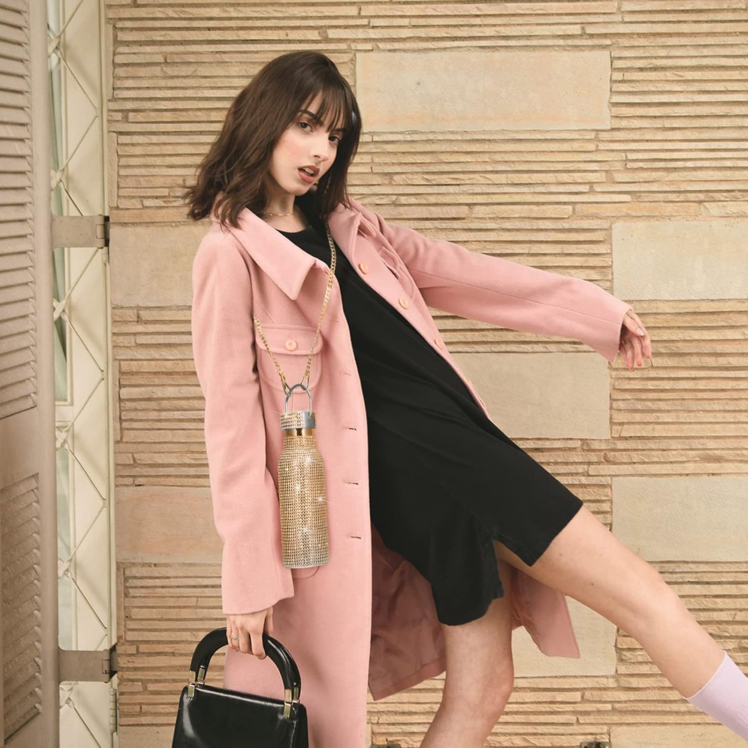 Botella térmica con Glitter de imitación con tapa | 750 ml | Aislado de acero inoxidable con diamantes de imitación de primera calidad | Color: Dorado