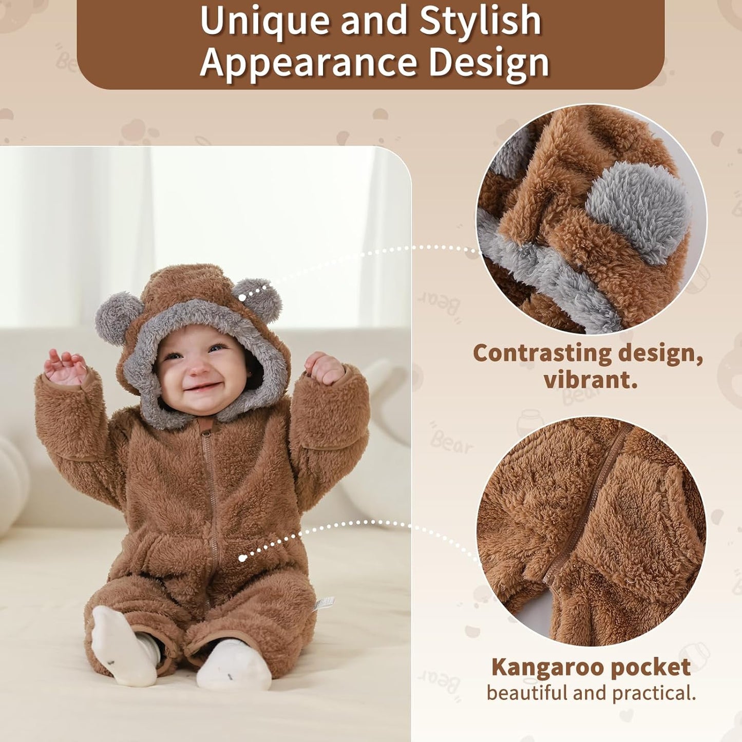 Traje de Oso para Bebé Recién Nacido con Mitones Plegables y Patucos para Niñas y Niños Ropa de Invierno de Vellón con Capucha Mameluco Traje de Nieve