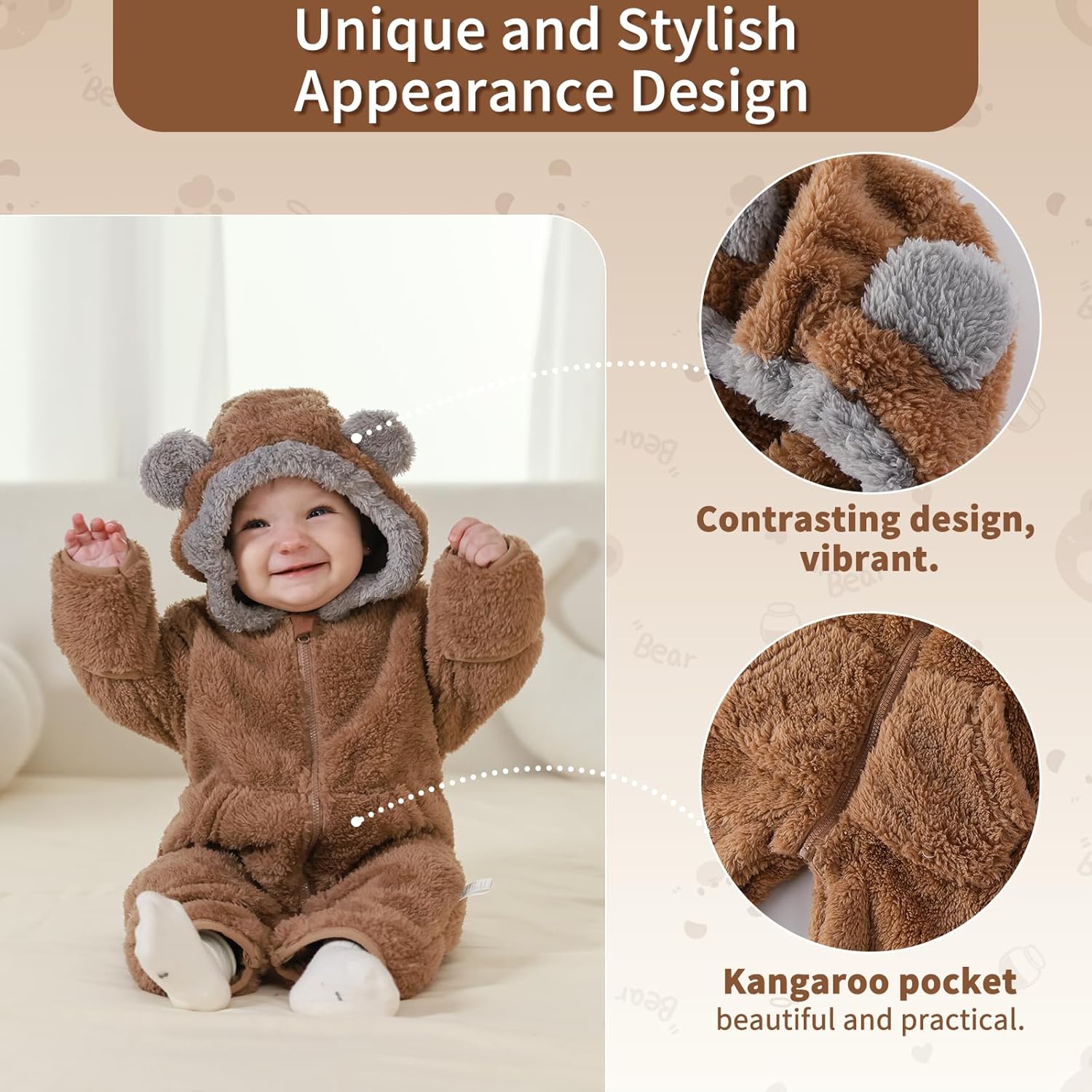 Traje de Oso para Bebé Recién Nacido con Mitones Plegables y Patucos para Niñas y Niños Ropa de Invierno de Vellón con Capucha Mameluco Traje de Nieve