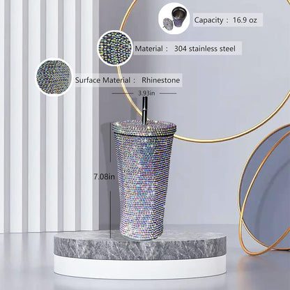 Vaso térmico con diamantes de imitación con tapa | 500 ml | Aislado de acero inoxidable con diamantes de imitación de primera calidad | Color: Plata