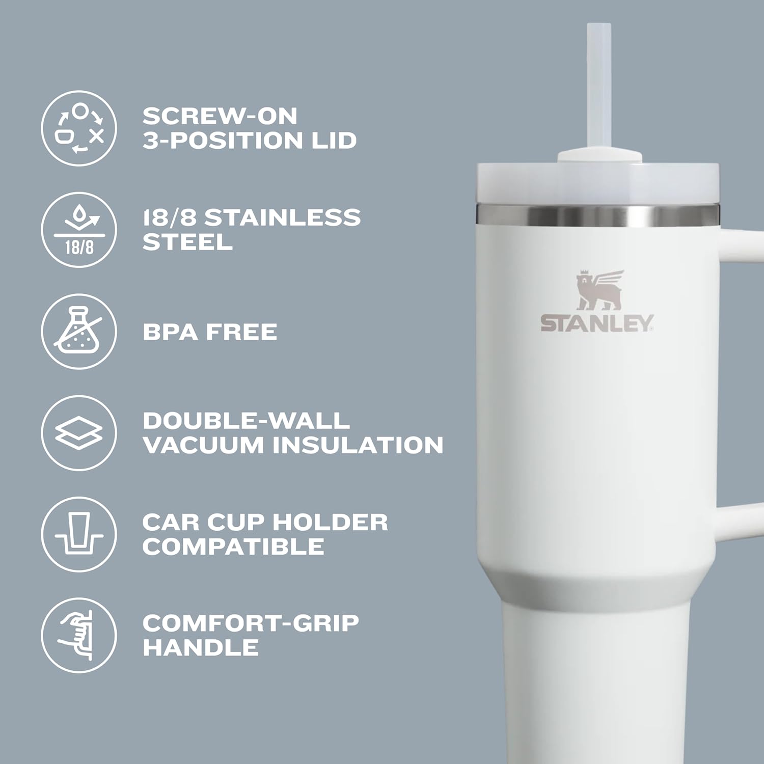 Quencher H2.0 Tumbler with Handle & Straw 64 Oz | Flowstate 3-Position Lid | Large Capacity for Travel & Sports | Insulated Stainless Steel Cup | Bpa-Free | Ash