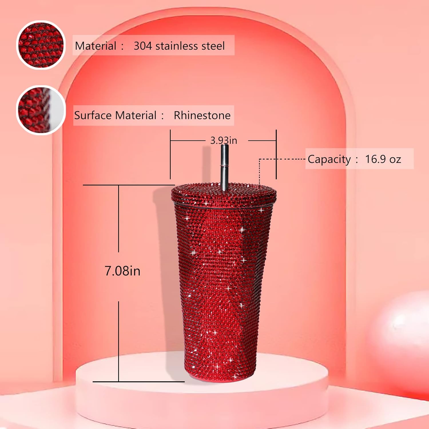 Vaso térmico con diamantes de imitación con tapa | 500 ml | Aislado de acero inoxidable con diamantes de imitación de primera calidad | Color: Plata