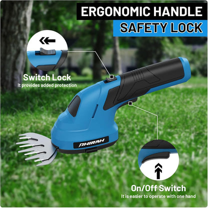 PHIRAH Cortasetos y Tijera de Césped Inalámbrica 7.2V 2 en 1 | Mini Podadora Recargable con Batería 2000mAh y Cargador USB – Para Arbustos, Bordes de Césped y Jardinería