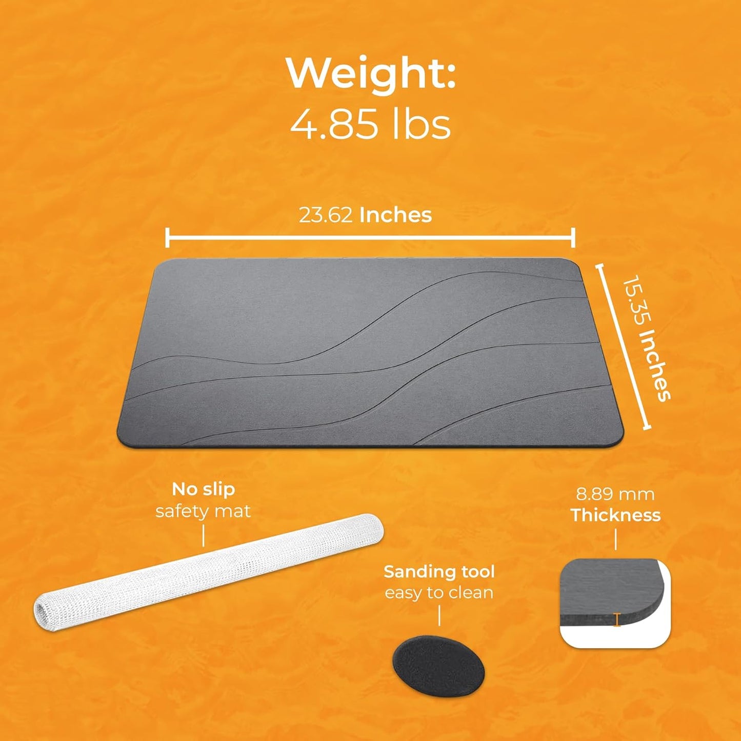 Alfombra mineral de secado rápido para baño y duchas | Antideslizante | Súper absorbente | Secado instantáneo (24 x 16 pulgadas, granito)