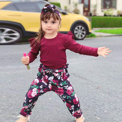 3 piezas de ropa para niña color liso | Manga larga + Pantalones florales + diadema | 1-6 años | conjunto de otoño/invierno