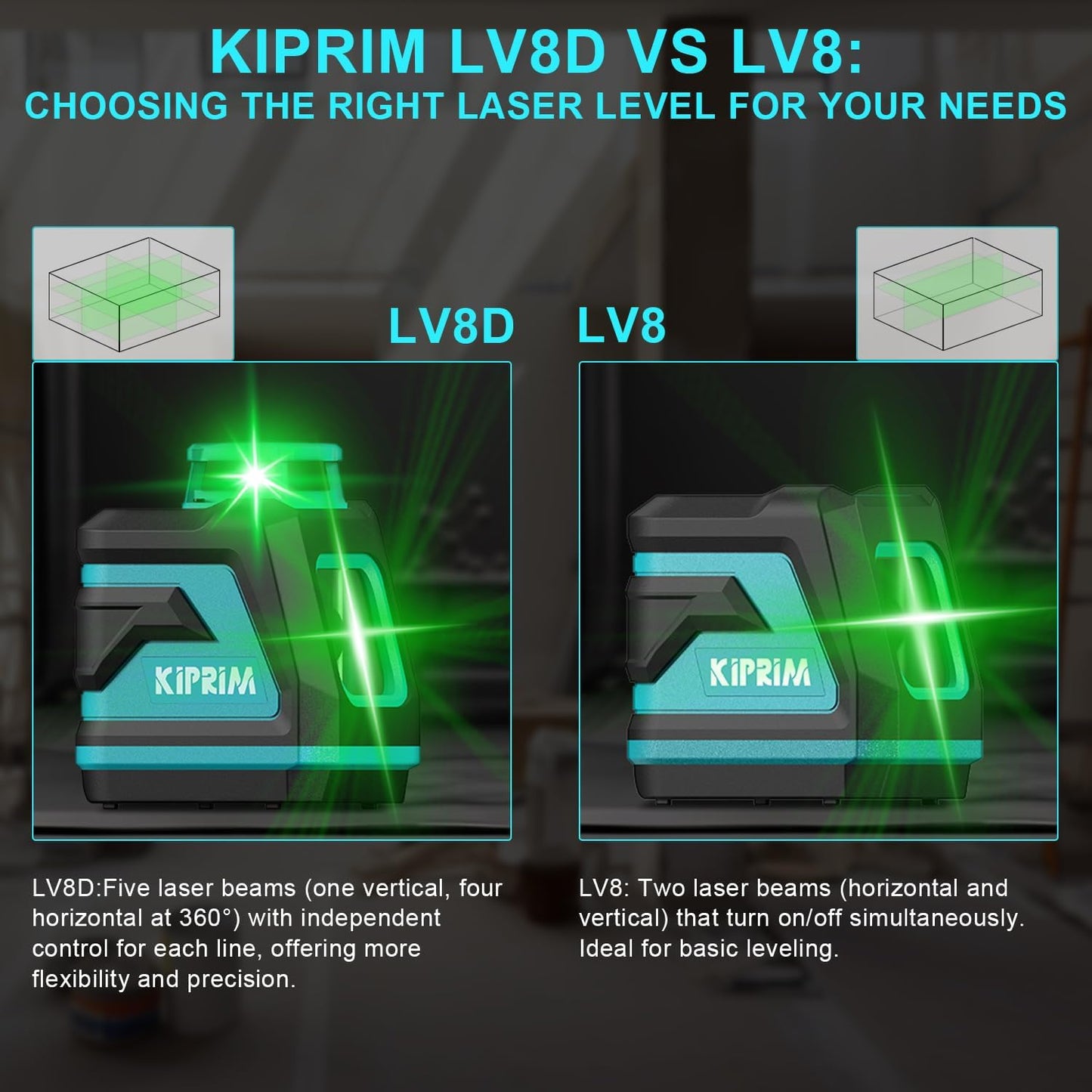 Nivel Láser Verde Kiprim LV8D, 5 Líneas Láser 360°, Autonivelante ±3°, Brillo Ajustable, Modos Manual/Self-Leveling/Pulso, Compatible con Trípode, Alcance 40m/50m