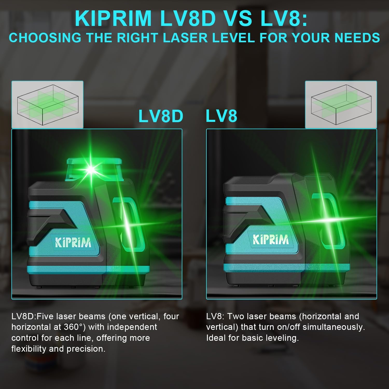 Nivel Láser Verde Kiprim LV8D, 5 Líneas Láser 360°, Autonivelante ±3°, Brillo Ajustable, Modos Manual/Self-Leveling/Pulso, Compatible con Trípode, Alcance 40m/50m