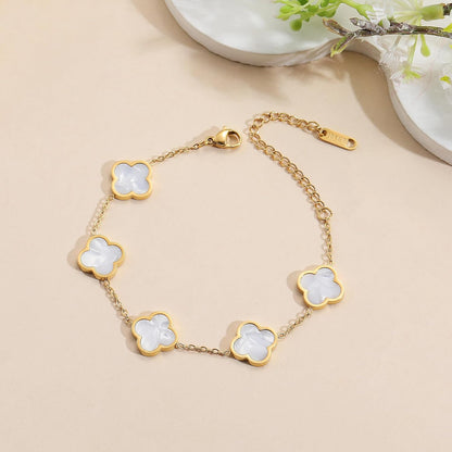 Pulsera Trébol de la Suerte para Mujer | Baño de Oro 18K con Flor Cuatro Hojas Blanco/Negro/Rojo/Verde | Joyería Elegante y Moderna