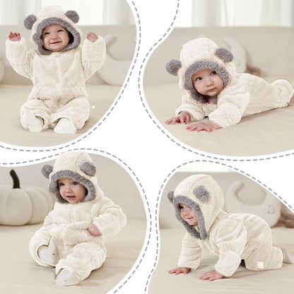 Traje Blanco de Oso para Bebé Recién Nacido con Mitones Plegables y Patucos para Niñas y Niños Ropa de Invierno de Vellón con Capucha Mameluco Traje de Nieve