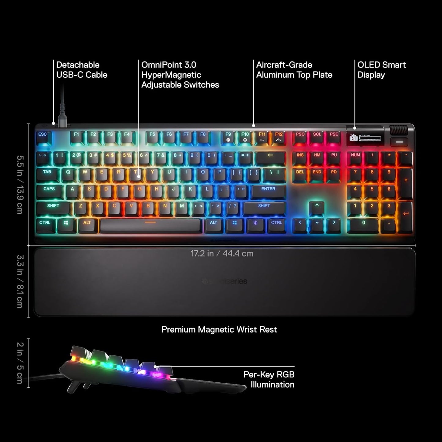 SteelSeries Apex Pro Gen 3 – Teclado Gaming con Switches OmniPoint 3.0 HyperMagnetic, Rapid Trigger, OLED, RGB, Keycaps PBT y USB-C