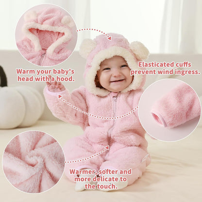 Traje Rosado de Oso para Bebé Recién Nacido con Mitones Plegables y Patucos para Niñas y Niños Ropa de Invierno de Vellón con Capucha Mameluco Traje de Nieve