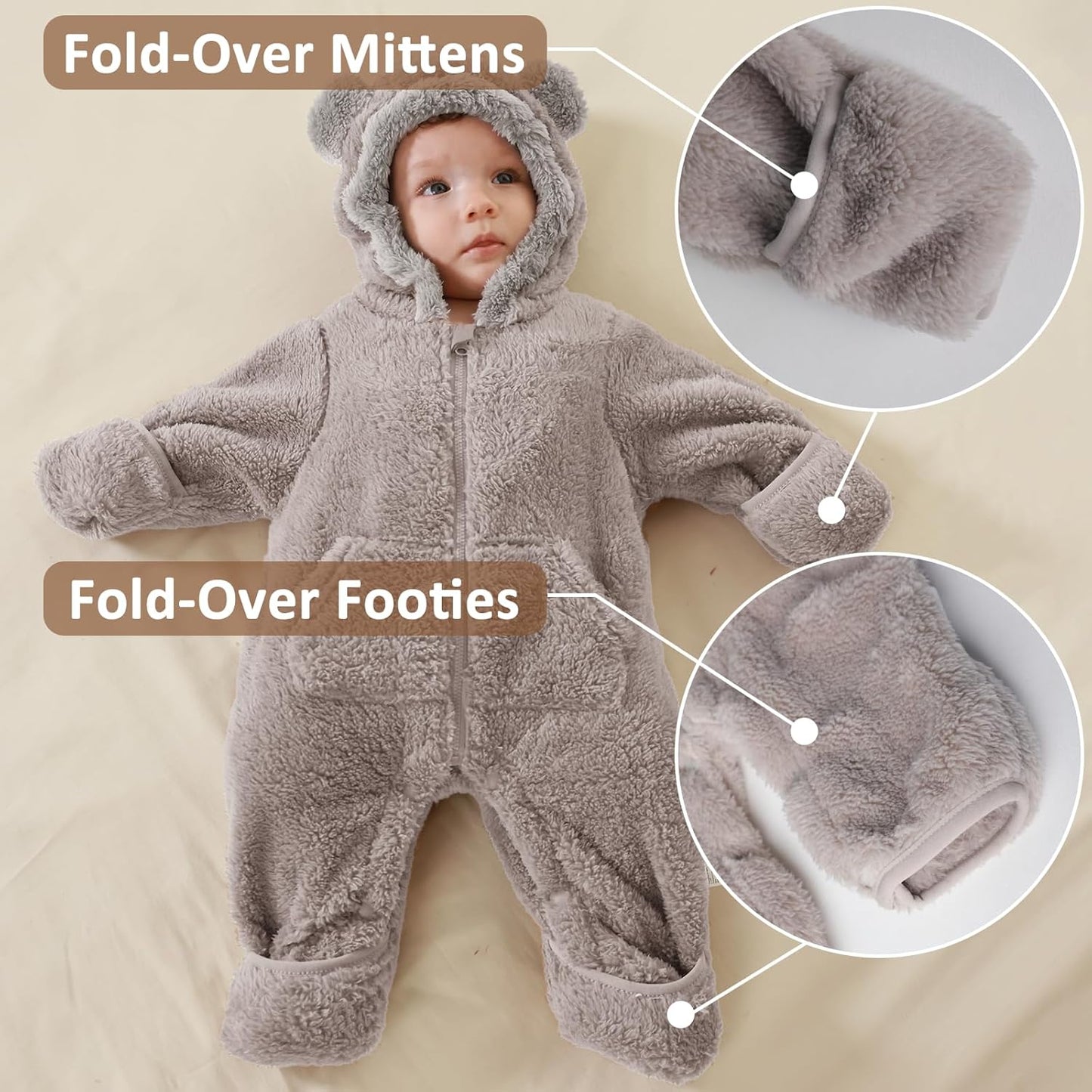 Traje de Oso para Bebé Recién Nacido con Mitones Plegables y Patucos para Niñas y Niños Ropa de Invierno de Vellón con Capucha Mameluco Traje de Nieve