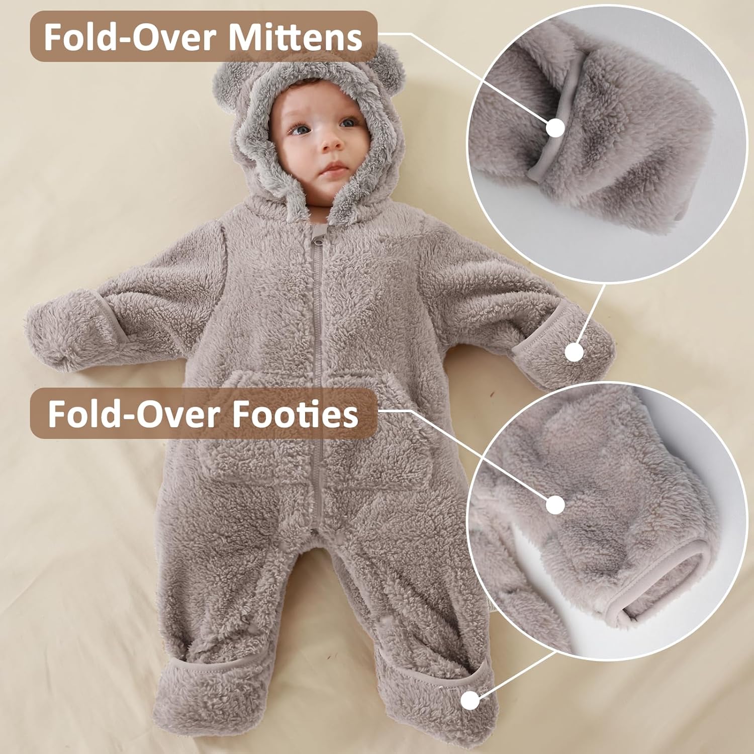 Traje de Oso para Bebé Recién Nacido con Mitones Plegables y Patucos para Niñas y Niños Ropa de Invierno de Vellón con Capucha Mameluco Traje de Nieve