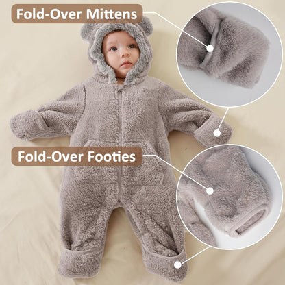 Traje de Oso para Bebé Recién Nacido con Mitones Plegables y Patucos para Niñas y Niños Ropa de Invierno de Vellón con Capucha Mameluco Traje de Nieve
