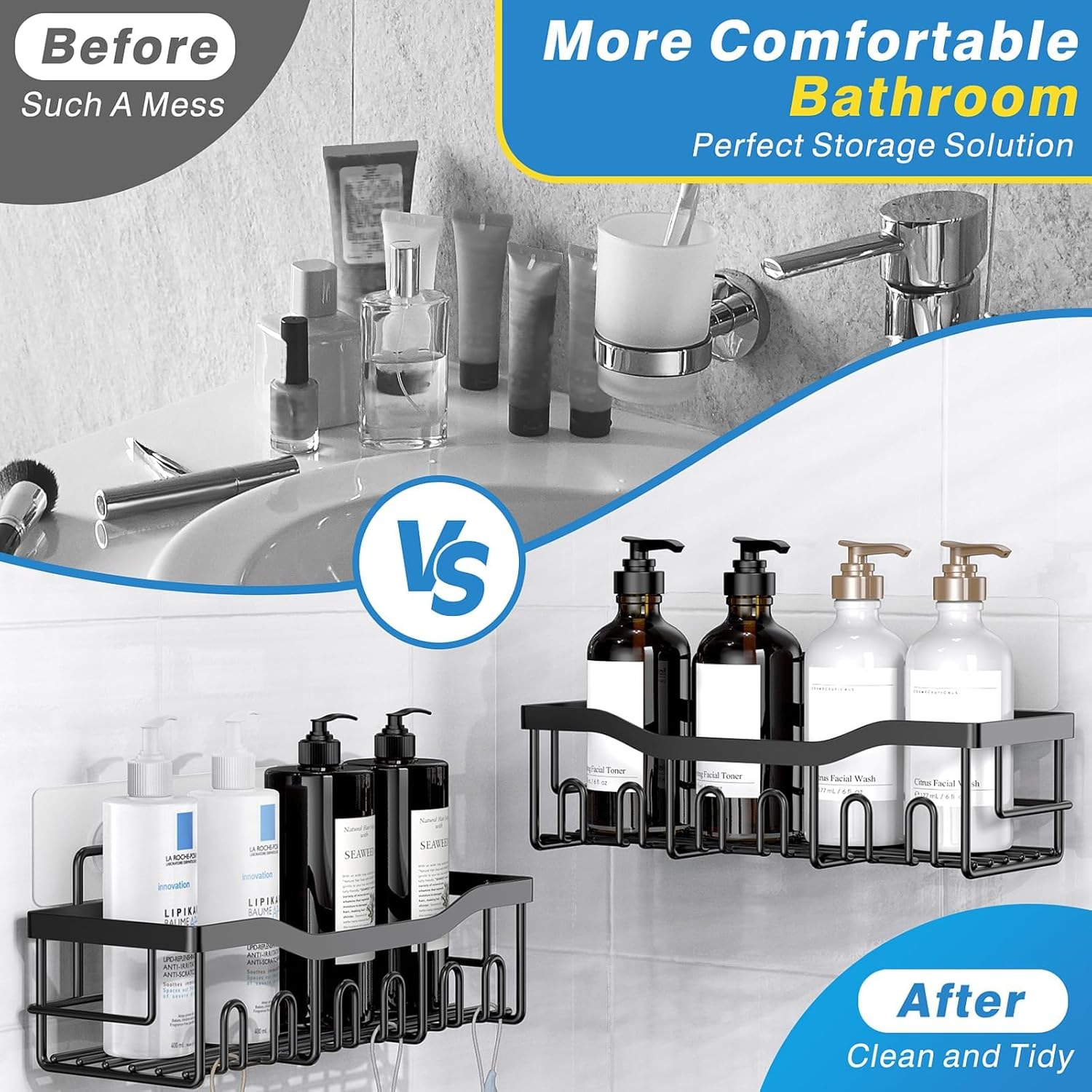 Organizador de Ducha Adhesivo 5 en 1, Estantes de Acero Inoxidable Antióxido XL, Sin Taladro, con Porta Jabón y Porta Cepillos de Dientes
