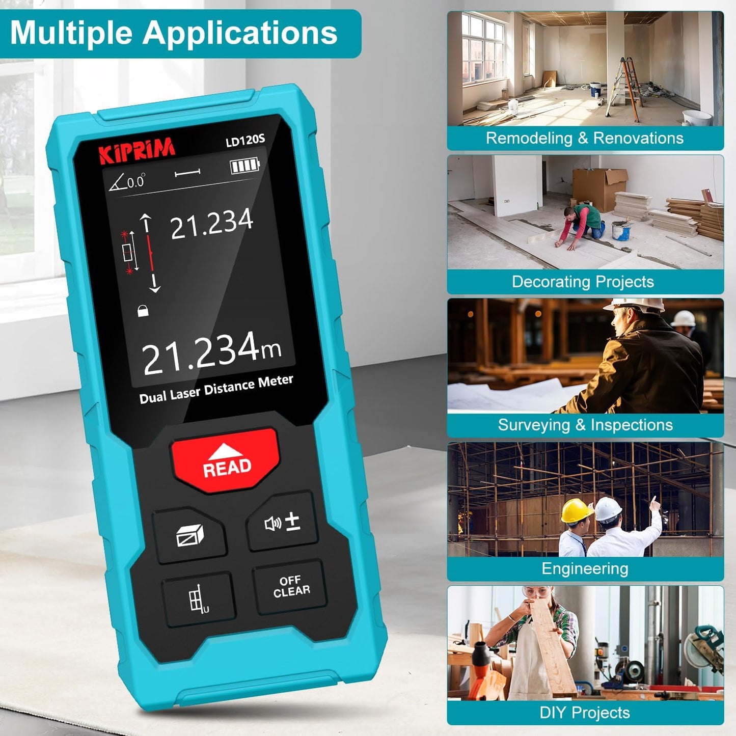 Medidor Láser Dual LD120S, 120M / 393ft de Alcance, Nivel Electrónico, Función Pitagórica, Medición Precisa ±2mm – Construcción, DIY y Renovación del Hogar