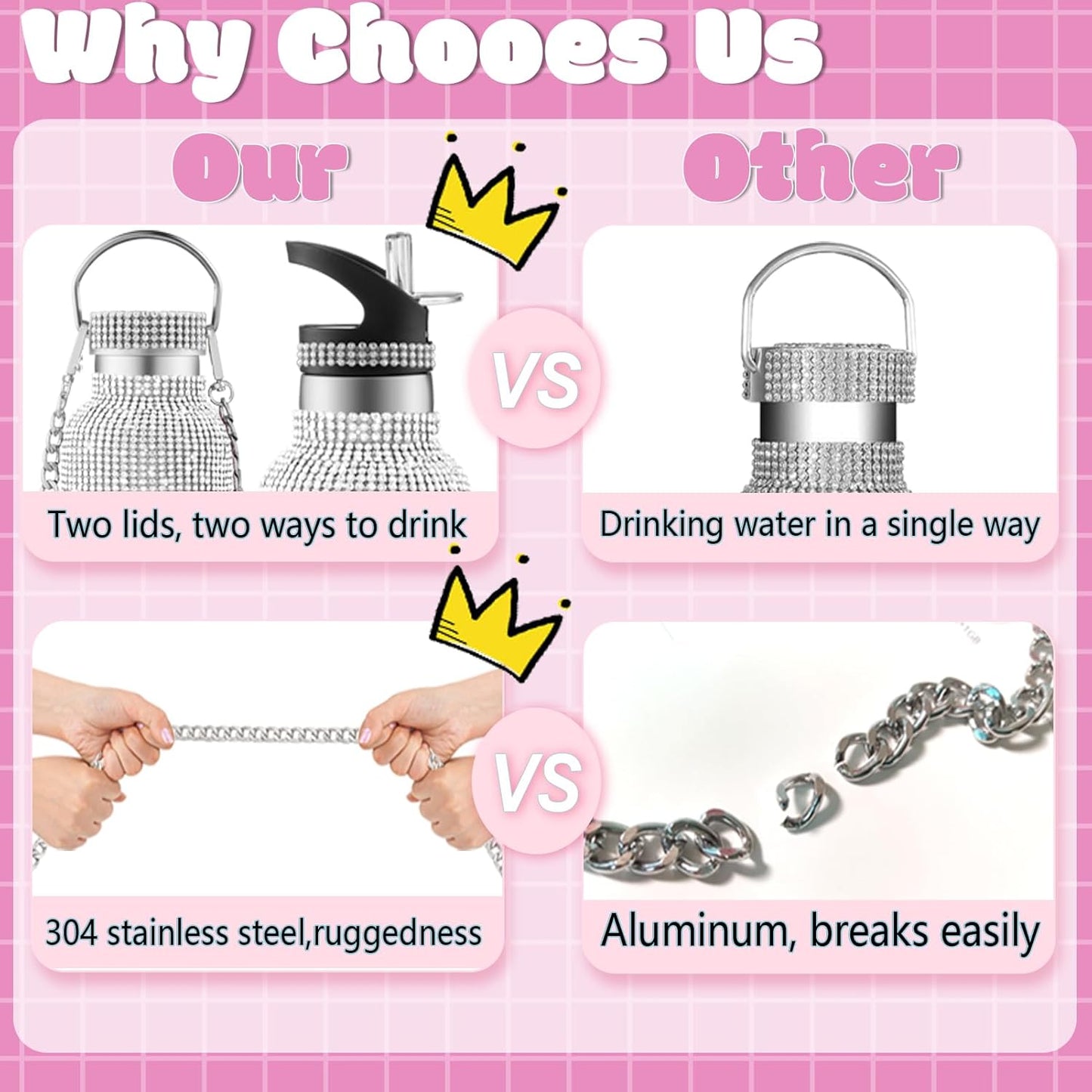 Botella de agua con glitter de imitación | Botella térmica de acero inoxidable | 2 tapas intercambiables | Color: Plata