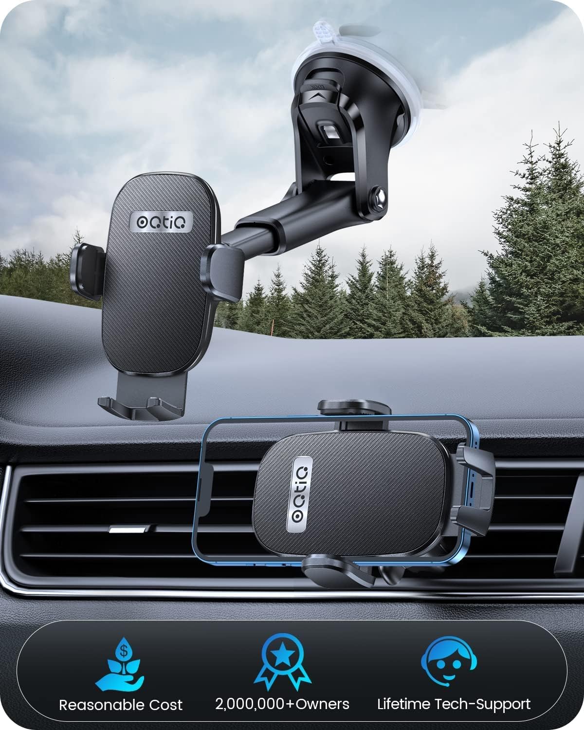Soporte de Celular para Auto 3-en-1 – Tablero, Parabrisas y Rejilla de Aire | Ventosa de Alta Succión, Brazo Ajustable, Rotación 360° | Compatible iPhone & Android