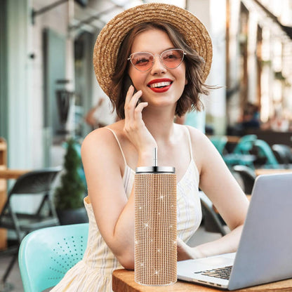 Vaso con sorbete | Diamantes dorados | Acero inoxidable de 591 ml