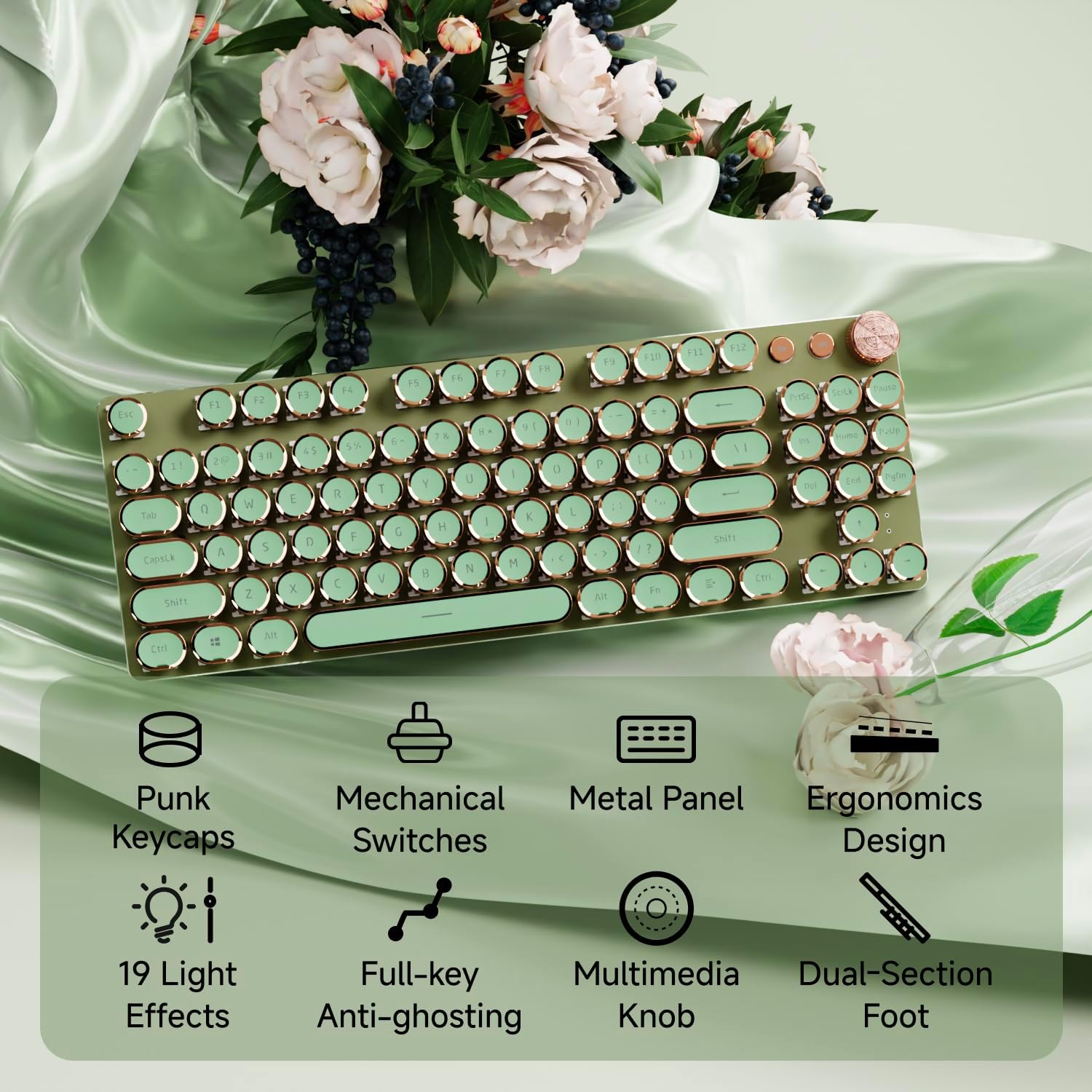 Teclado inalámbrico | 104 teclas estilo máquina de escribir mecánico con retroiluminación blanca | Perilla multimedia | Bluetooth/USB-C | Color: Verde