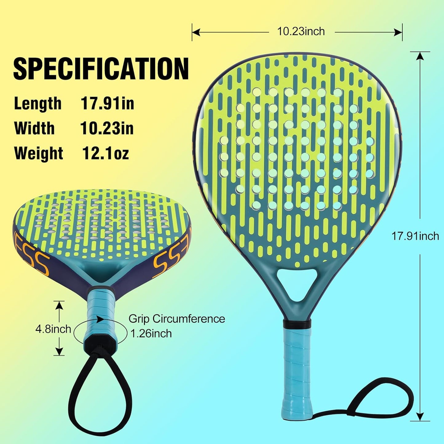 Padel Racket Carbon and Fiberglass Surface and EVA Memory Foam Core for Kids, Junior, Adult