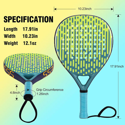 Padel Racket Carbon and Fiberglass Surface and EVA Memory Foam Core for Kids, Junior, Adult