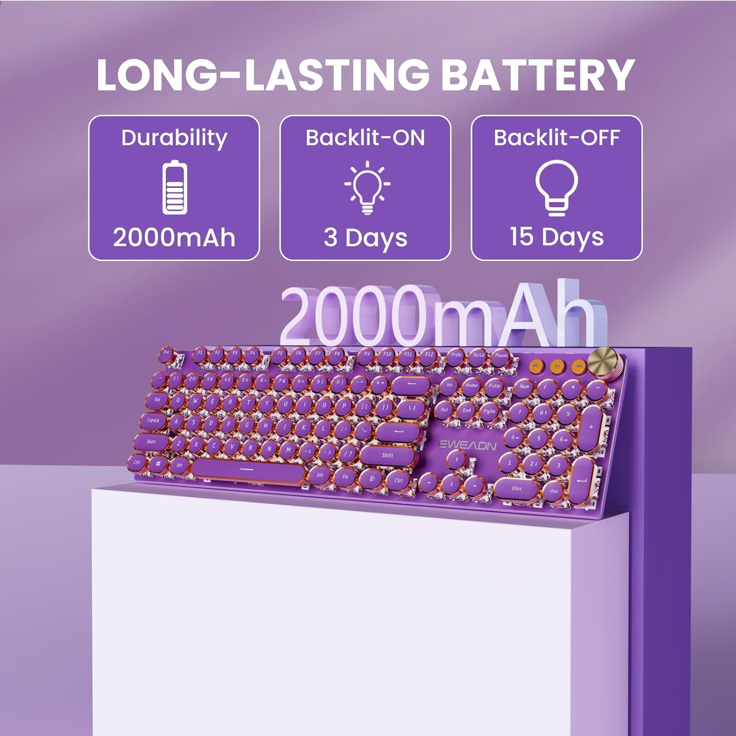 Teclado inalámbrico | 104 teclas estilo máquina de escribir mecánico con retroiluminación blanca | Perilla multimedia | Bluetooth/USB-C