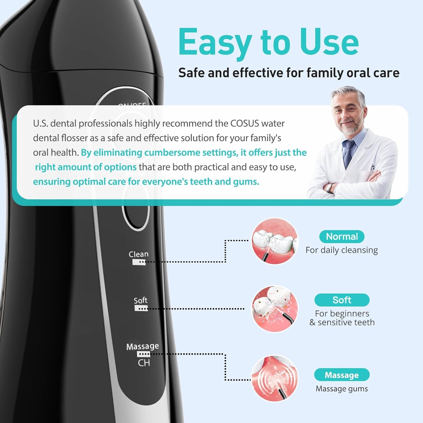 COSLUS Irrigador Dental Portátil – 300ML Flosser Eléctrico Recargable, 3 Modos & 5 Boquillas, Batería de 30 Días, Resistente al Agua IPX7 para Limpieza Dental y Salud de las Encías (Negro)