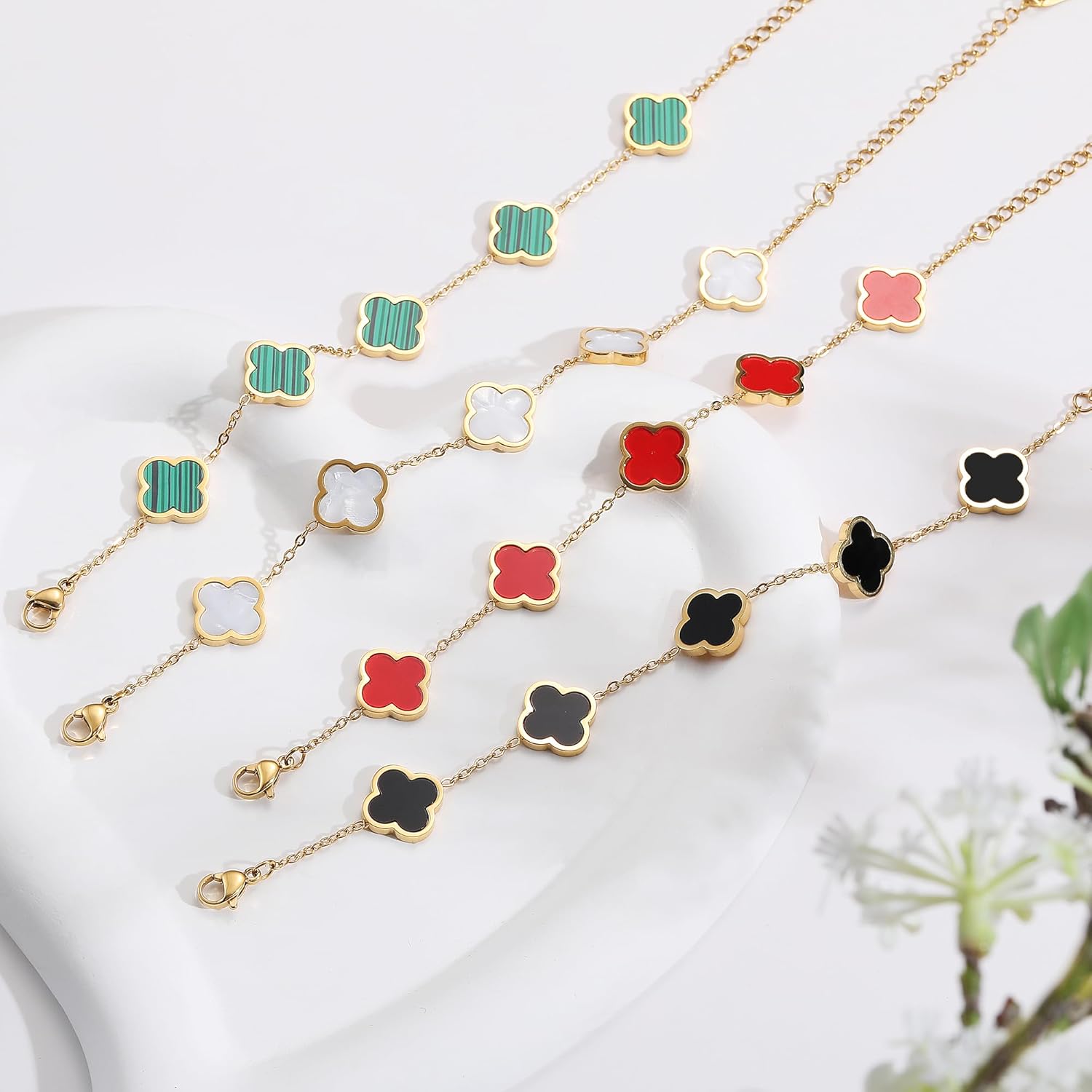 Pulsera Trébol de la Suerte para Mujer | Baño de Oro 18K con Flor Cuatro Hojas Blanco/Negro/Rojo/Verde | Joyería Elegante y Moderna