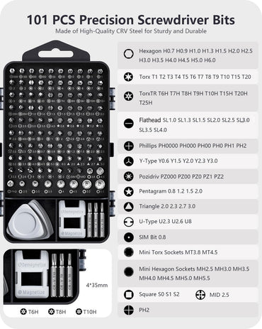 Kit de Destornilladores de Precisión 122 en 1 con 101 Puntas Magnéticas y 21 Herramientas – Set de Reparación Electrónica para Laptop, PC, iPhone, Tablet, PS4, Xbox, Drones y Más