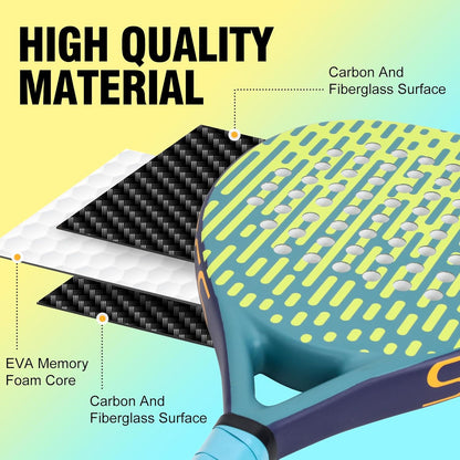 Padel Racket Carbon and Fiberglass Surface and EVA Memory Foam Core for Kids, Junior, Adult