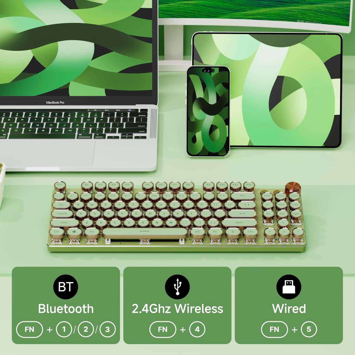 Teclado inalámbrico | 104 teclas estilo máquina de escribir mecánico con retroiluminación blanca | Perilla multimedia | Bluetooth/USB-C | Color: Verde