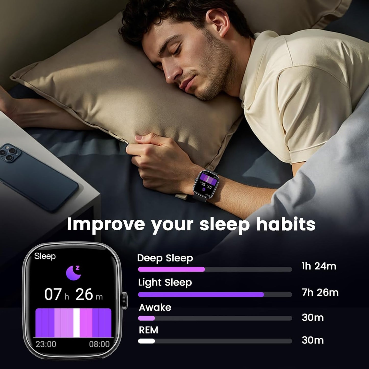 Smartwatch con respuesta de llamada | Reloj inteligente 1.96 pulgadas unisex | Actividad física con monitor de frecuencia cardíaca y sueño | Reloj deportivo | Impermeable | Color: Negro