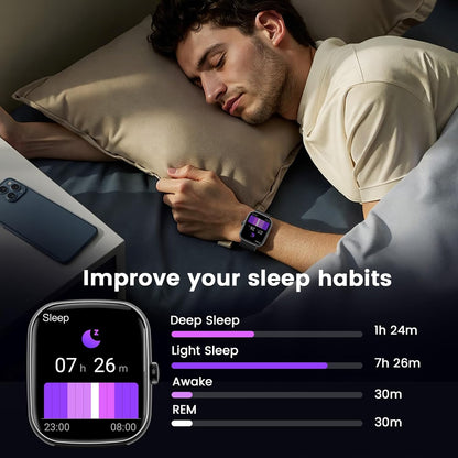 Smartwatch con respuesta de llamada | Reloj inteligente 1.96 pulgadas unisex | Actividad física con monitor de frecuencia cardíaca y sueño | Reloj deportivo | Impermeable | Color: Negro