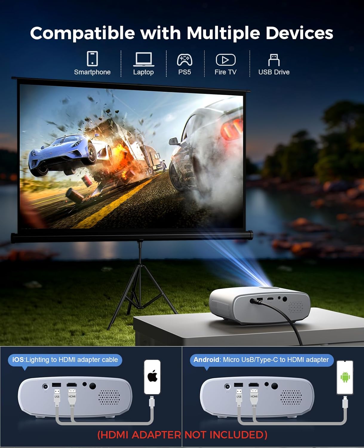 Mini Proyector ELEPHAS 2024 con Trípode | Full HD 1080P, 8000 Lúmenes | Portátil para iPhone, Android, Windows, TV Stick, HDMI, USB