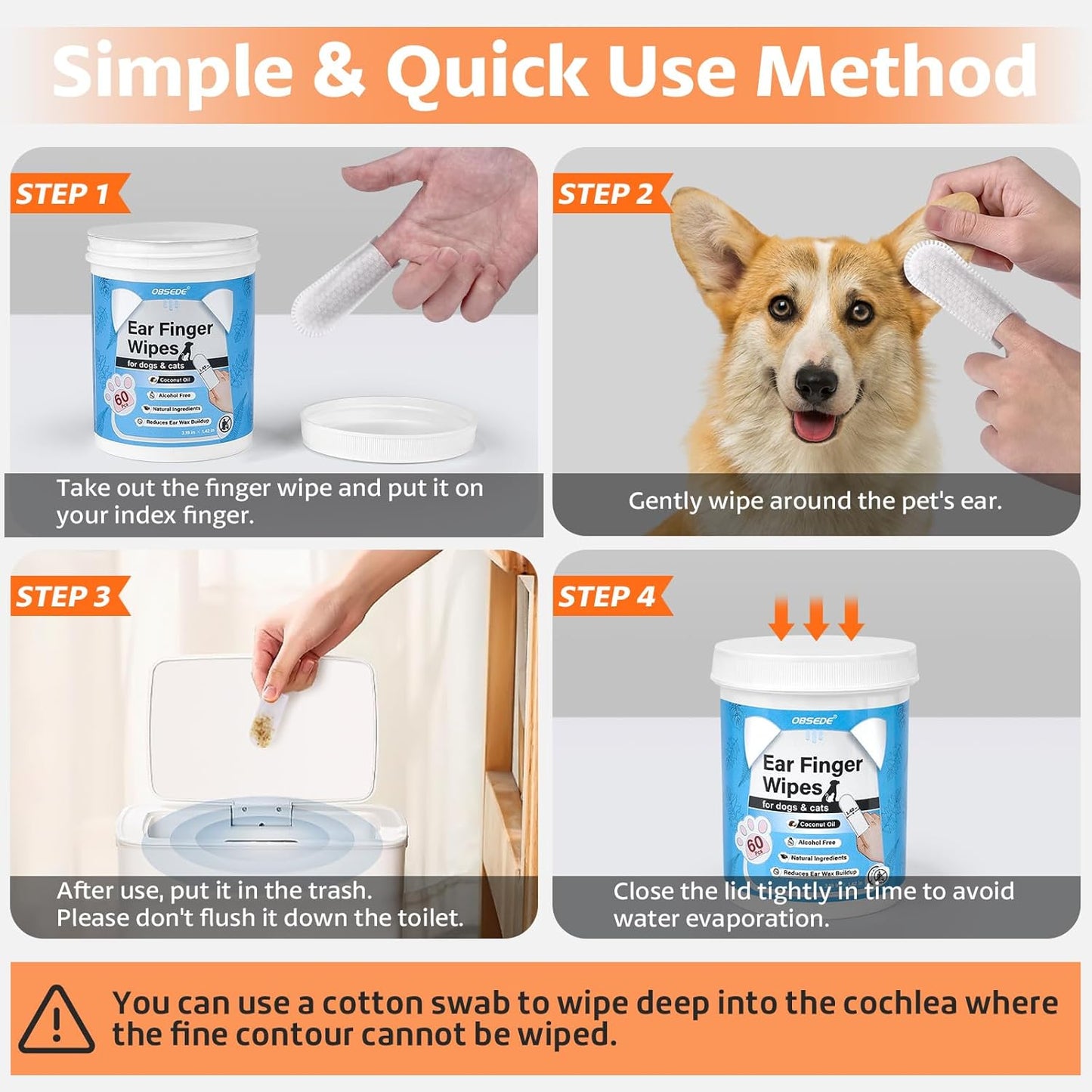 OBSEDE Toallitas de Limpieza para Oídos de Perros y Gatos | 60 Unidades en Dedo | Aroma Coco, Naturales y Suaves