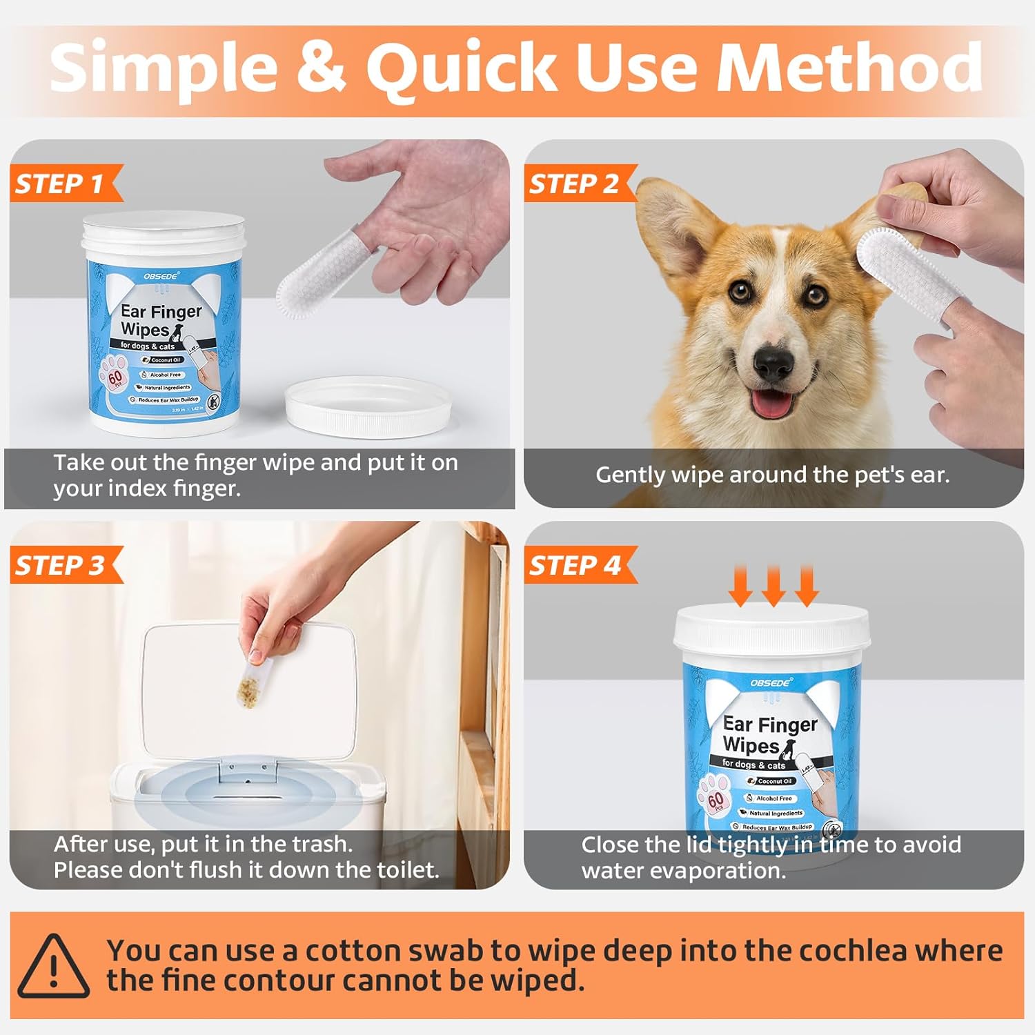 OBSEDE Toallitas de Limpieza para Oídos de Perros y Gatos | 60 Unidades en Dedo | Aroma Coco, Naturales y Suaves