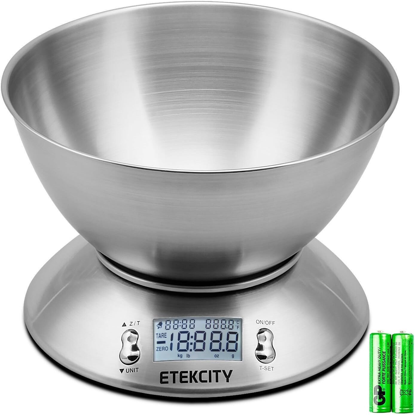 Báscula de Cocina Digital Etekcity 0.1g con Bowl – Acero Inoxidable, 11lb/5kg – Gramos y Onzas para Repostería, Cocina, Dieta y Preparación de Comidas