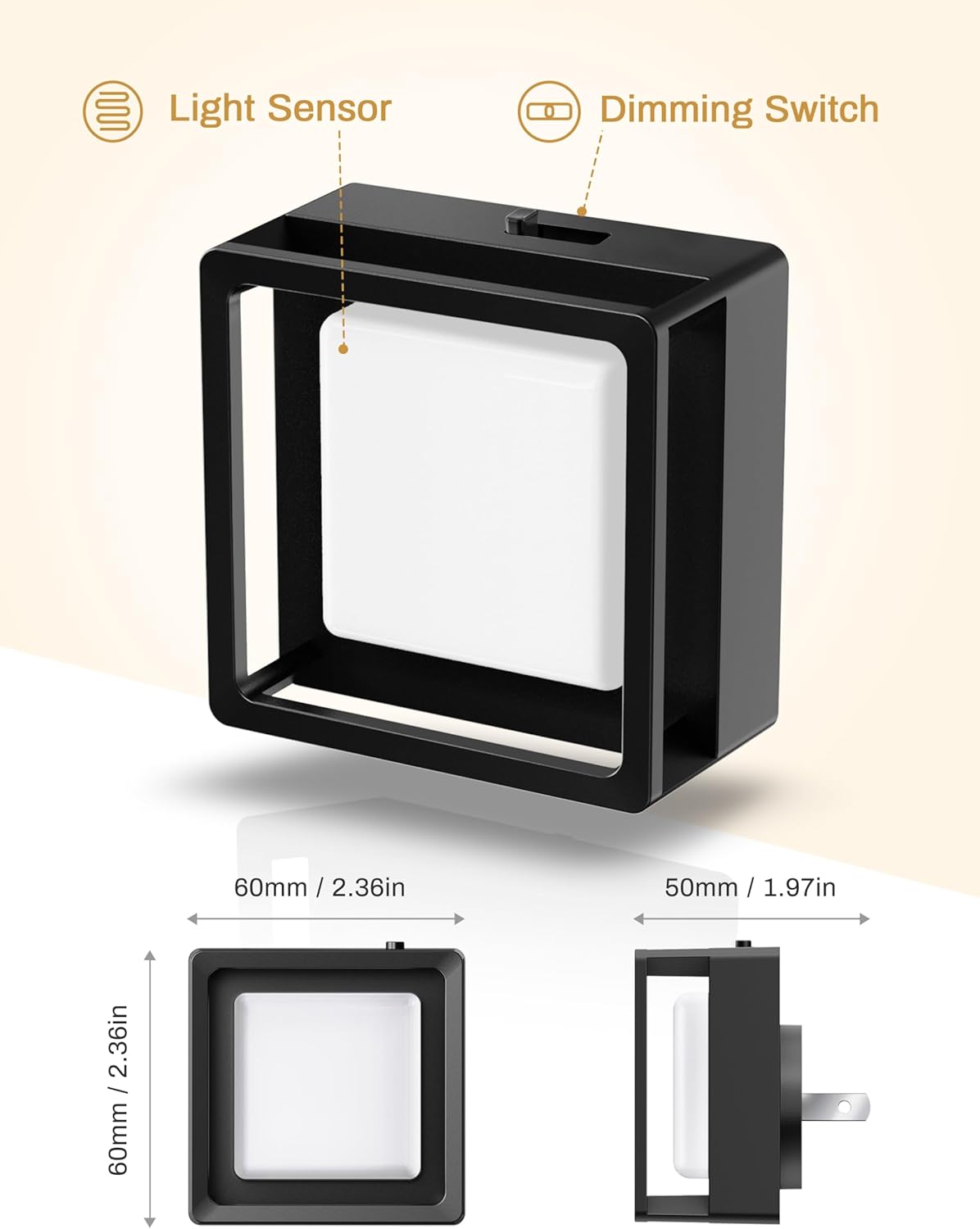 Luz Nocturna LED con Sensor Crepuscular [Pack x2] | Enchufable a Pared, Regulable de 0 a 60 lm, Ahorro Energético, para Dormitorio, Baño, Pasillo, Escaleras y Cuarto Infantil – Luz Blanca Suave