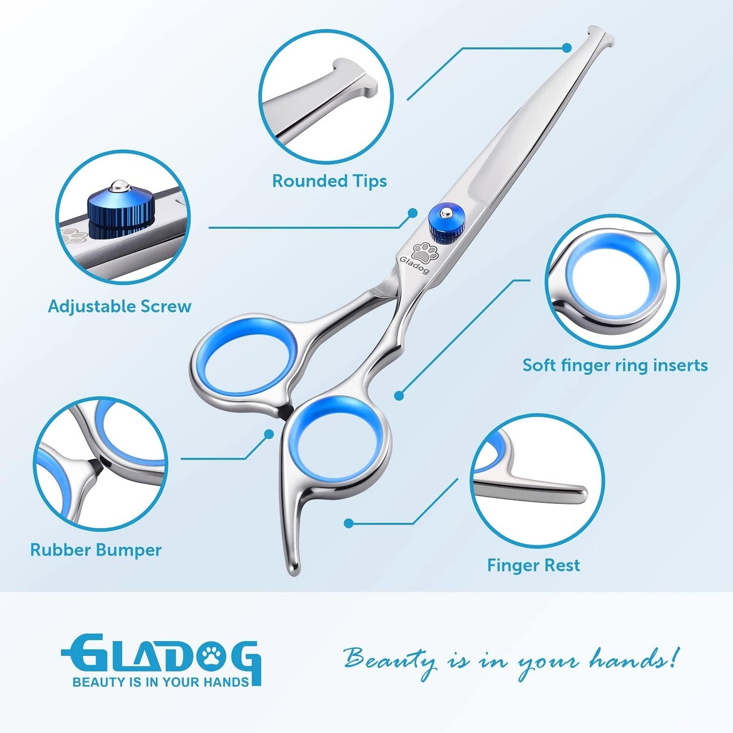 GLADOG Kit Tijeras de Grooming 5 en 1 para Perros y Gatos | Tijeras de Acero Inoxidable con Puntas Redondeadas + Peine y Estuche